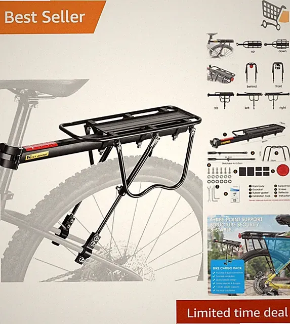 Aluminum Bike Cargo Rack 110Lb Capacity Rear Luggage Carrier with Reflective...